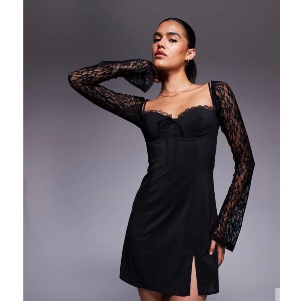 Princess Polly Black Lace Long Sleeve Mini Dress Off Shoulder Sweetheart US 0